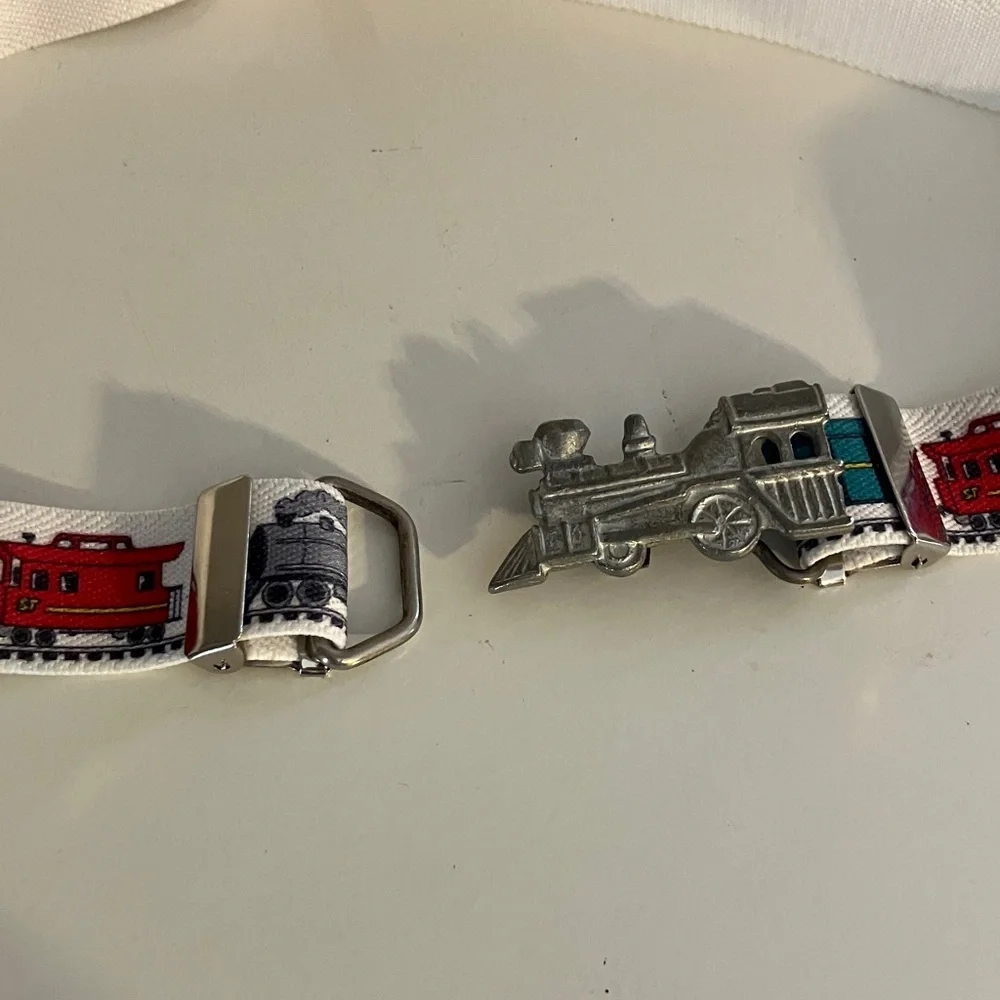 White Train Themed Belt with Silver Buckle 20” and with elastic stretch